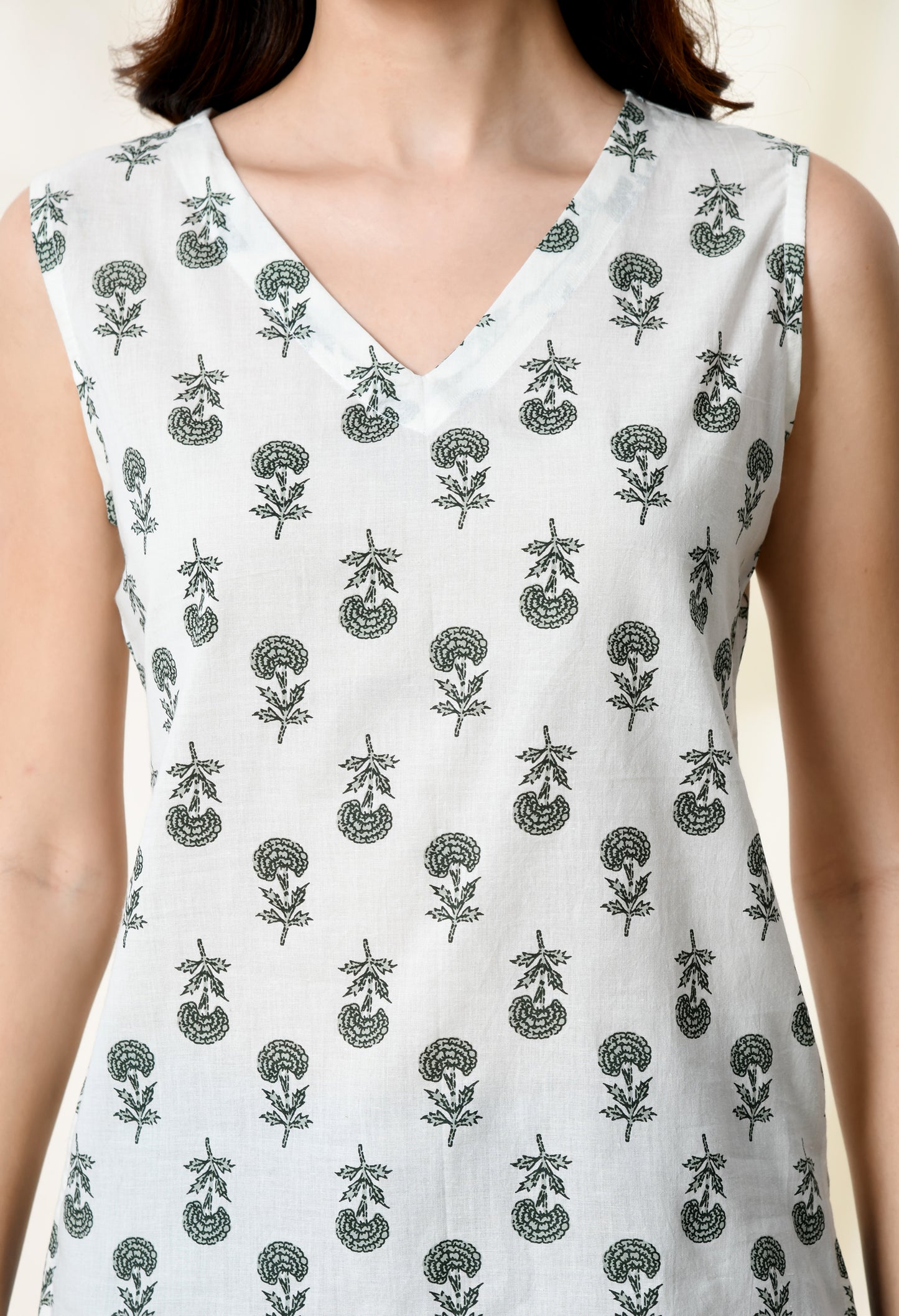 Woodland Whisper White Printed V-Neck Sleeveless Top
