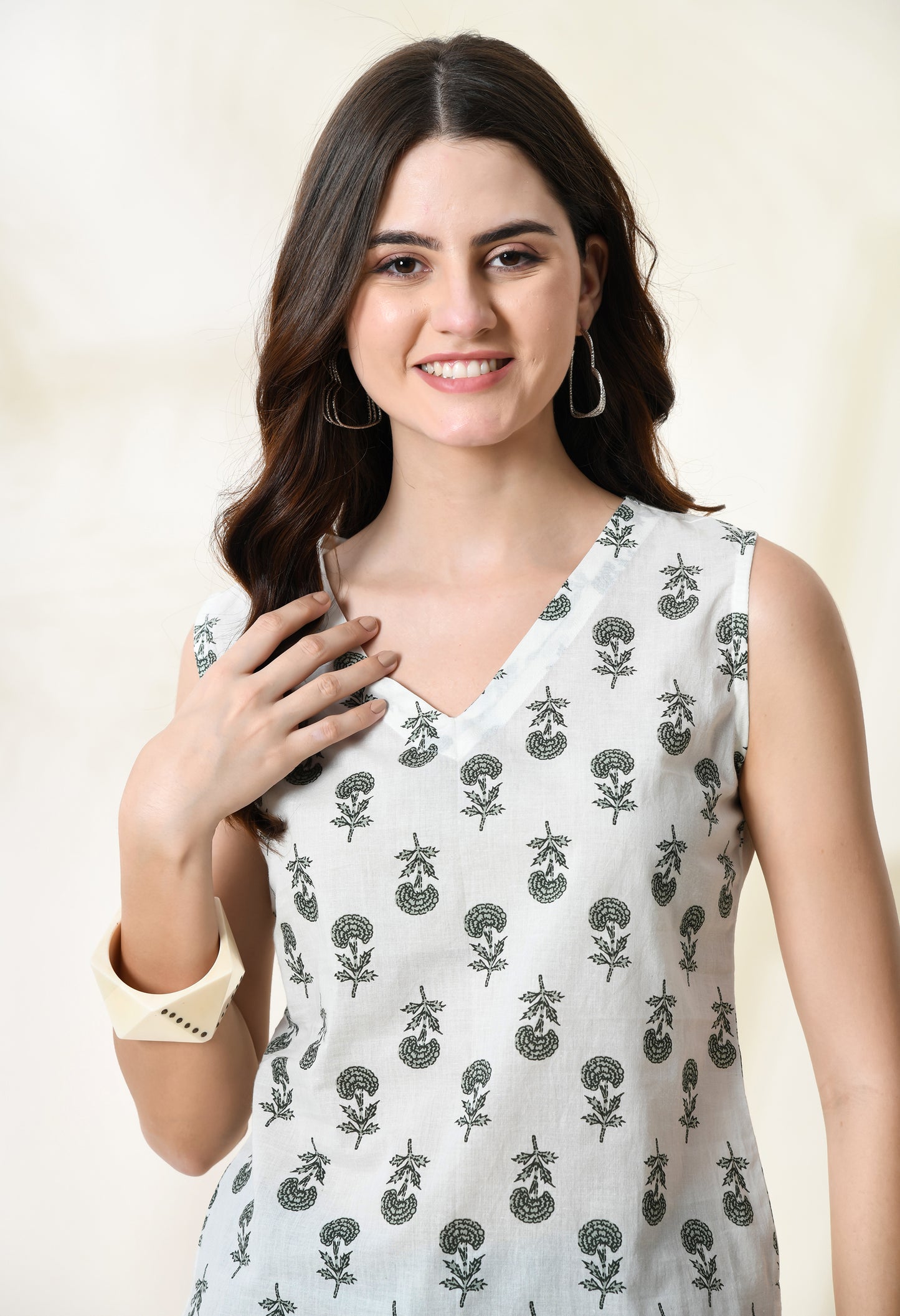 Woodland Whisper White Printed V-Neck Sleeveless Top