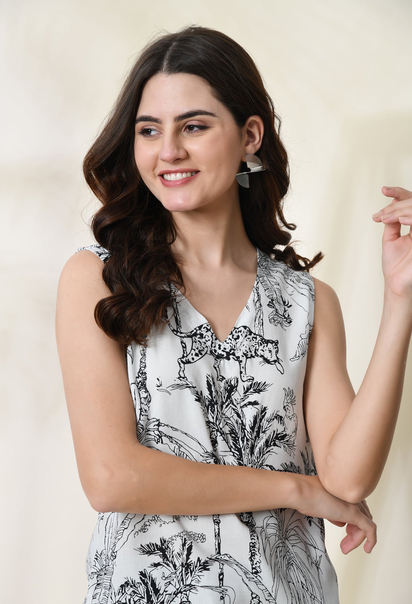 Jungle Chic Animal Printed V-Neck White Sleeveless Top