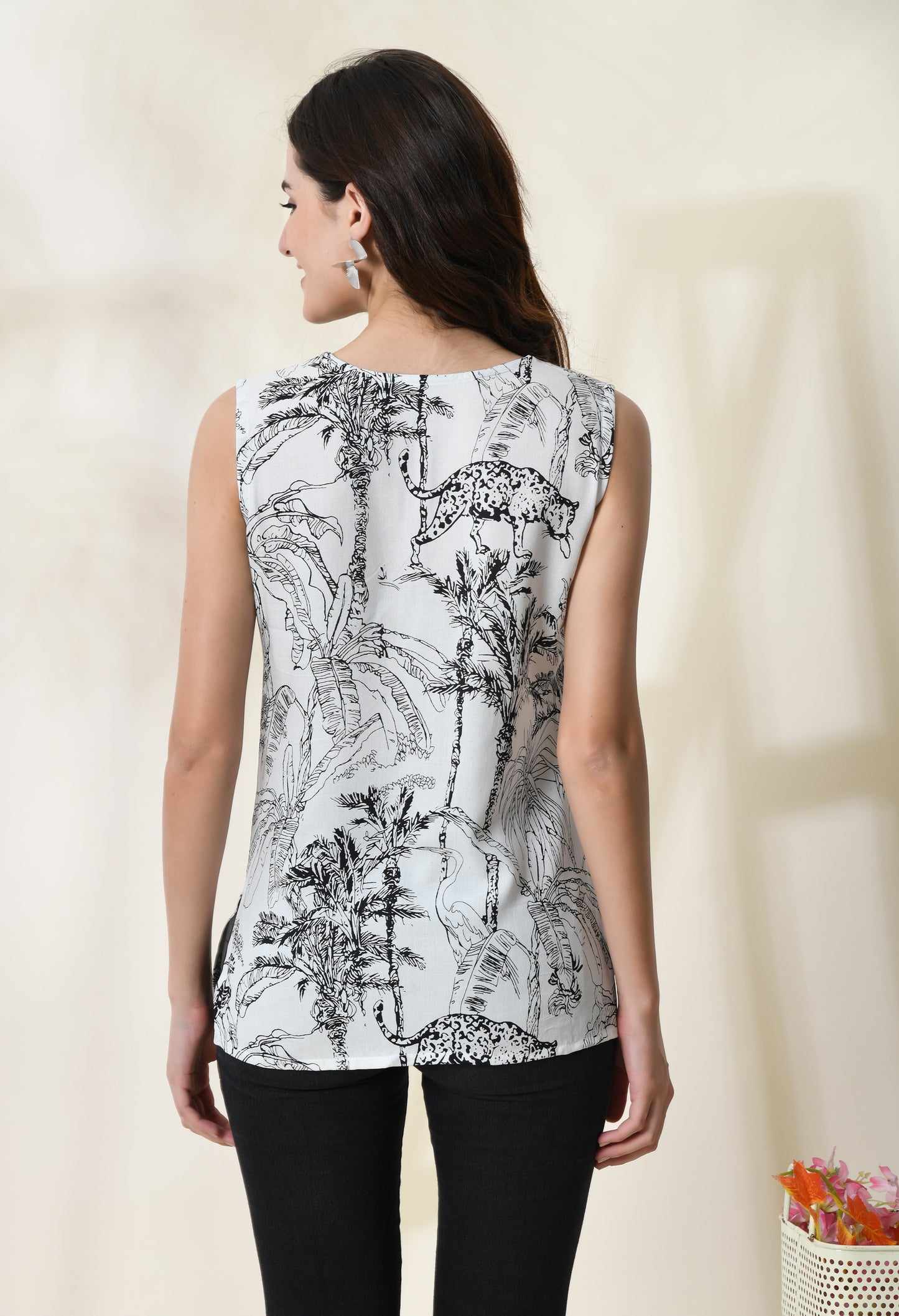 Jungle Chic Animal Printed V-Neck White Sleeveless Top