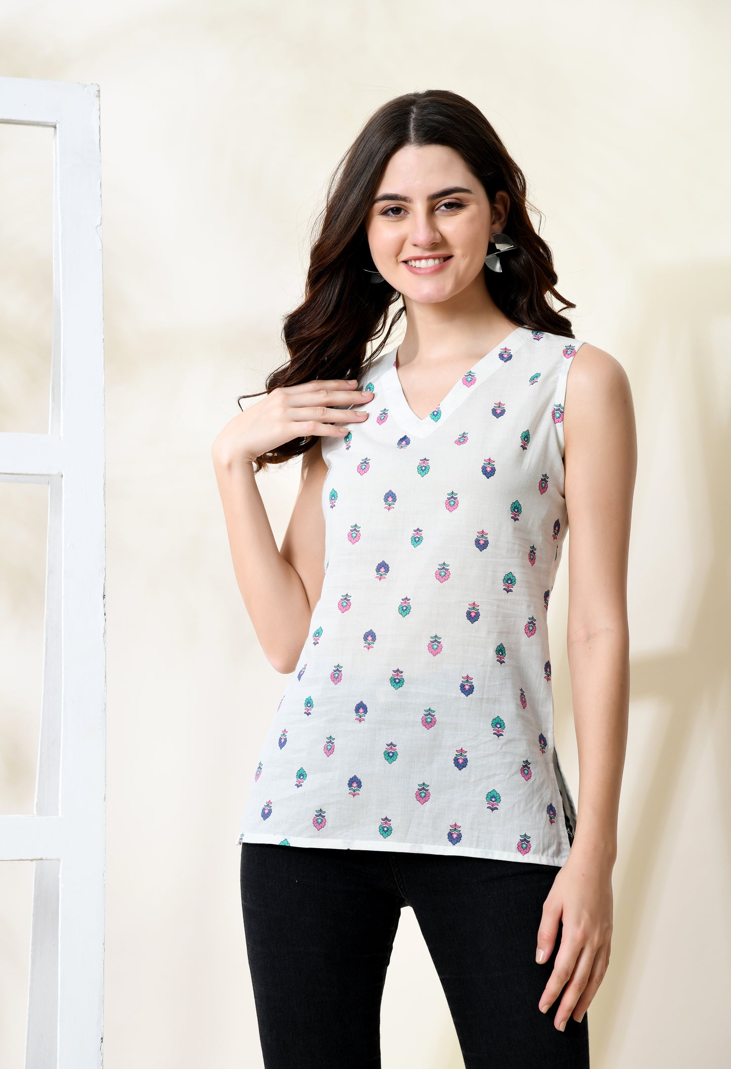 Whispering Petals White V-Neck Sleeveless Top