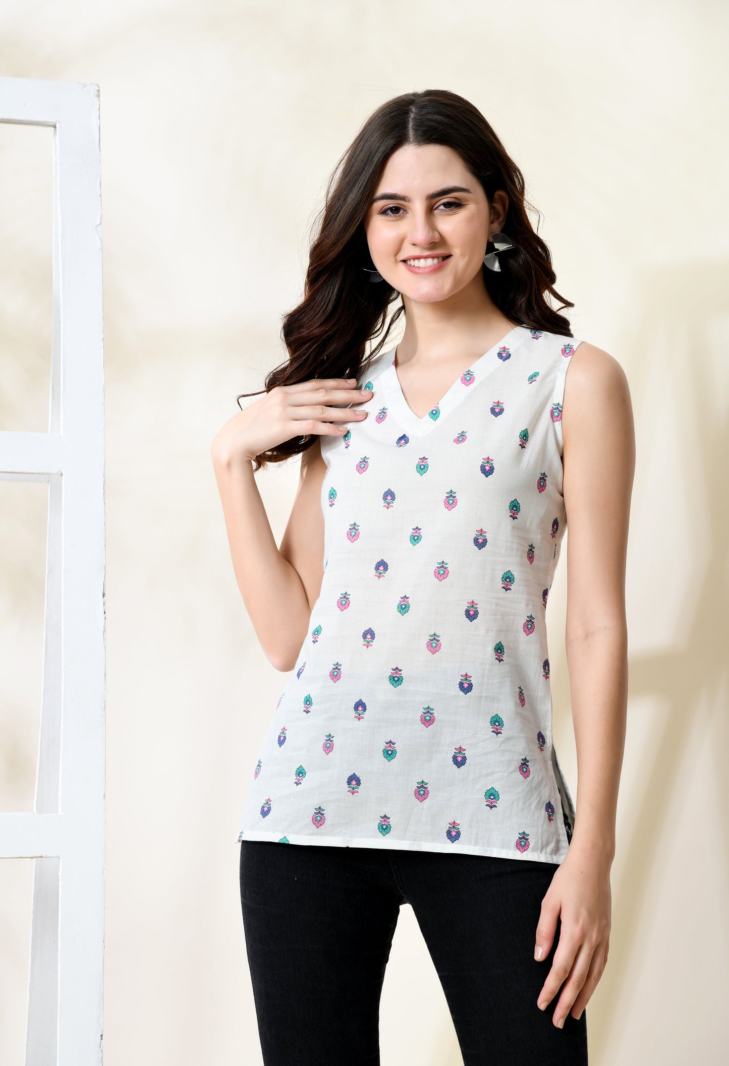 Whispering Petals White V-Neck Sleeveless Top