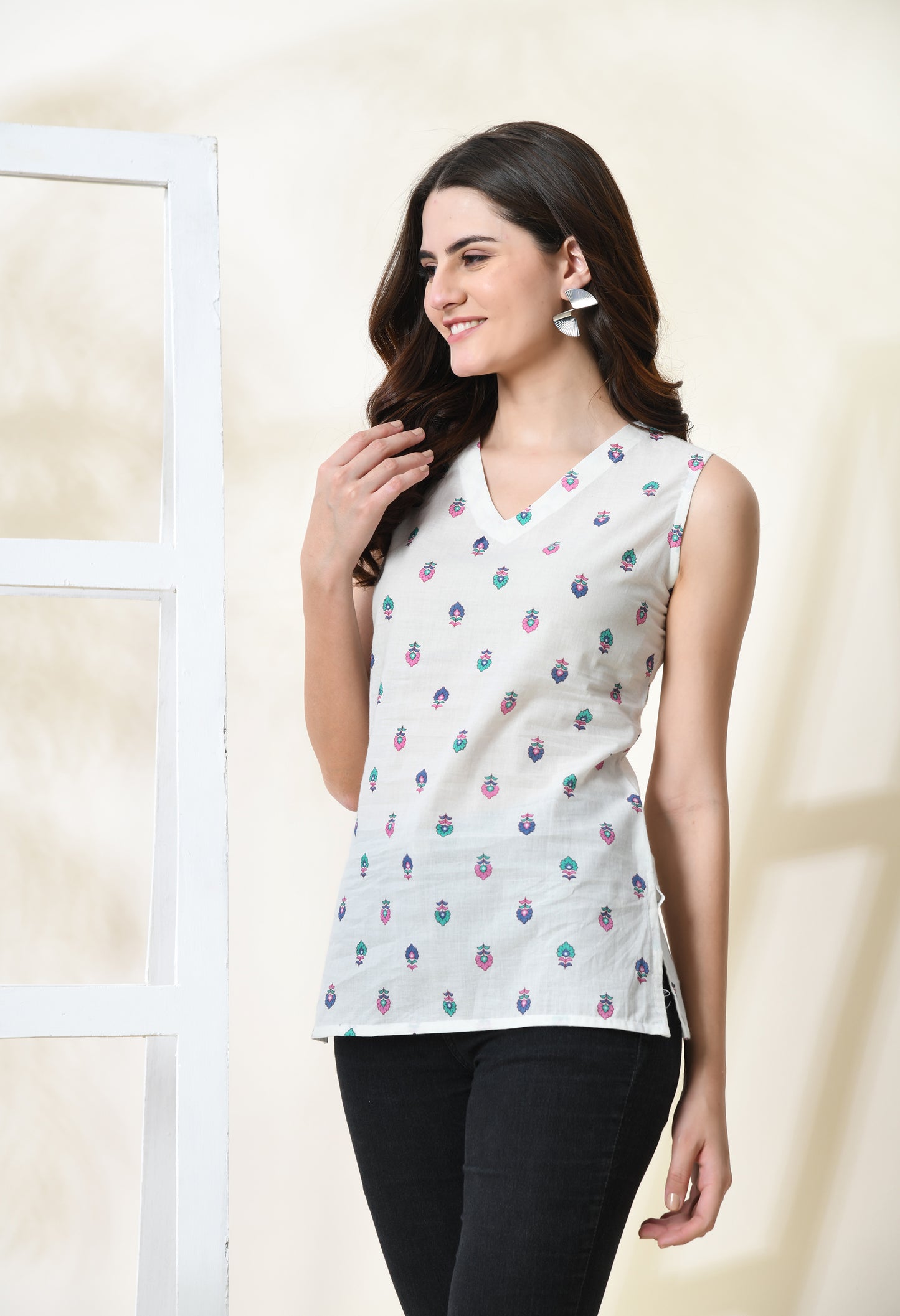 Whispering Petals White V-Neck Sleeveless Top