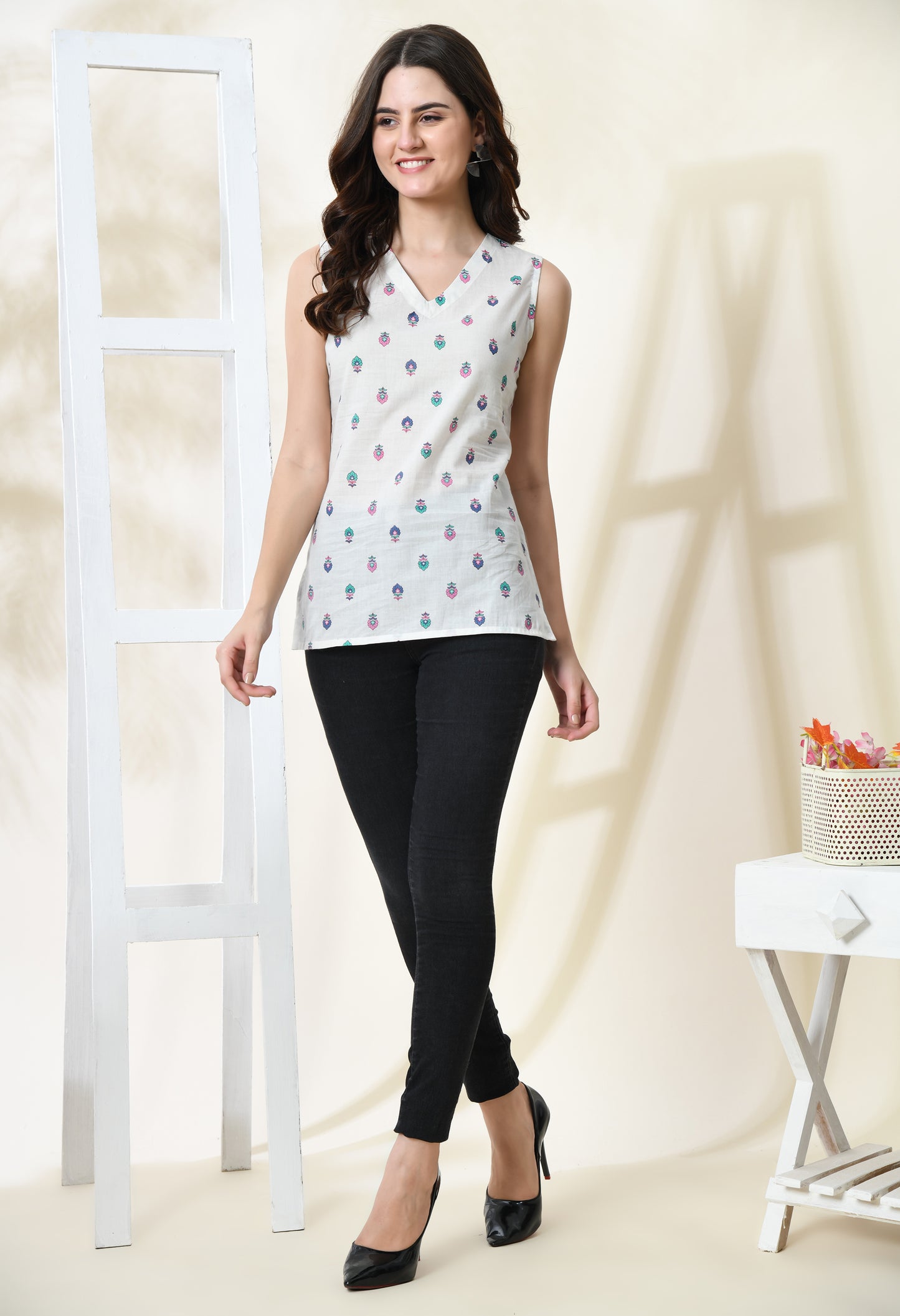 Whispering Petals White V-Neck Sleeveless Top