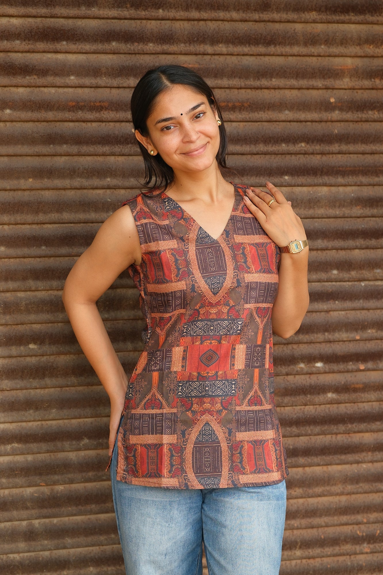 Digital Ethnic Printed Cotton Sleeveless Top (Rust Brown)