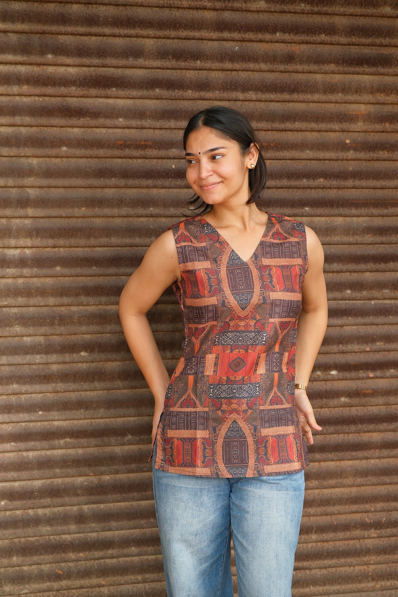 Digital Ethnic Printed Cotton Sleeveless Top (Rust Brown)