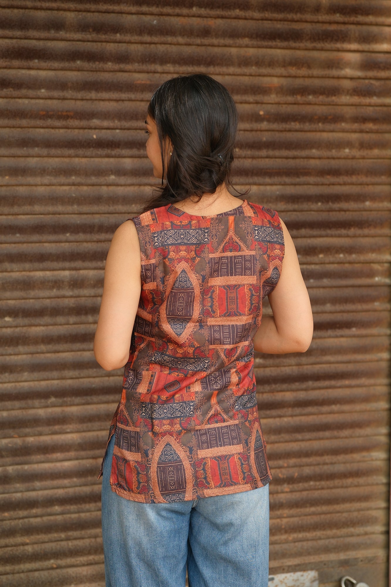 Digital Ethnic Printed Cotton Sleeveless Top (Rust Brown)
