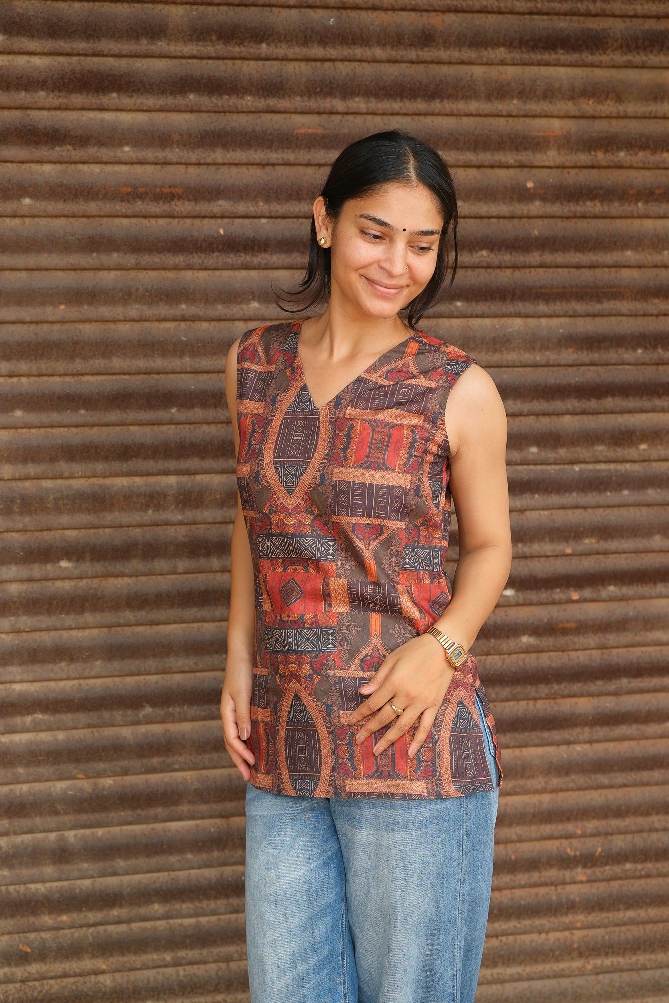 Digital Ethnic Printed Cotton Sleeveless Top (Rust Brown)