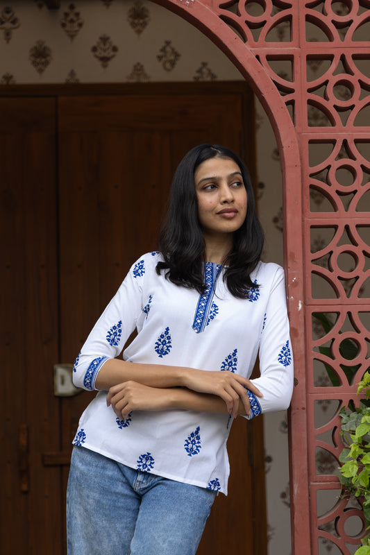 White Azure Cotton Short Kurti