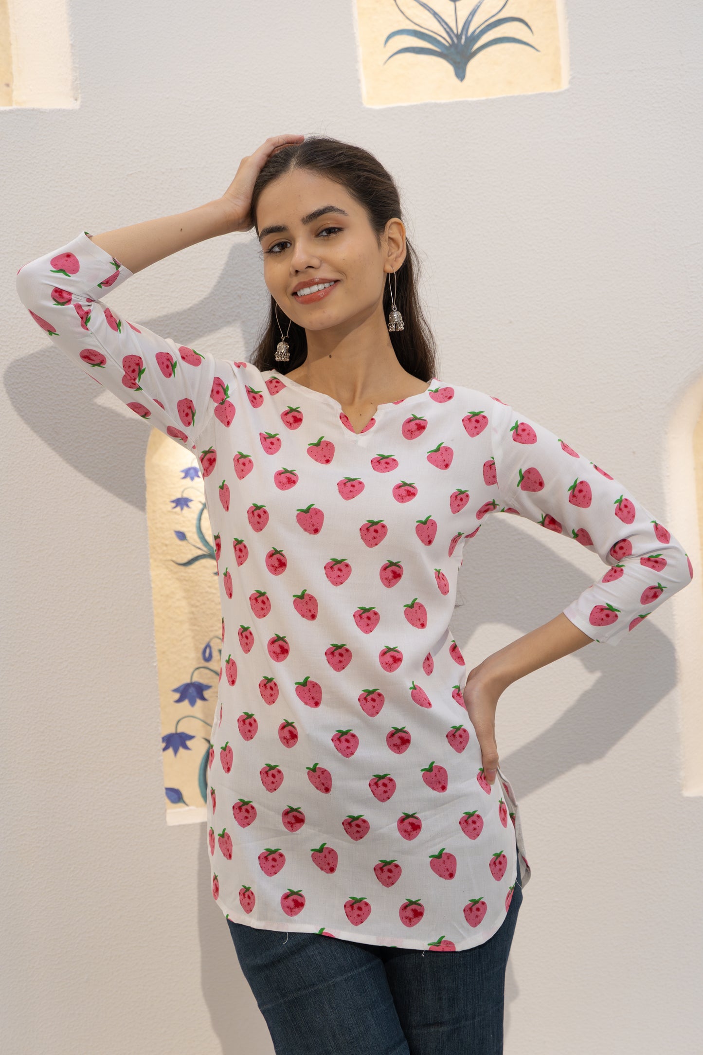 Strawberry Blossom Cotton Short Kurti (White)