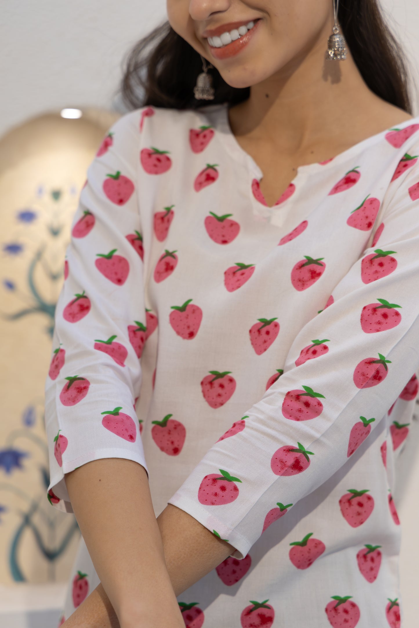 Strawberry Blossom Cotton Short Kurti (White)