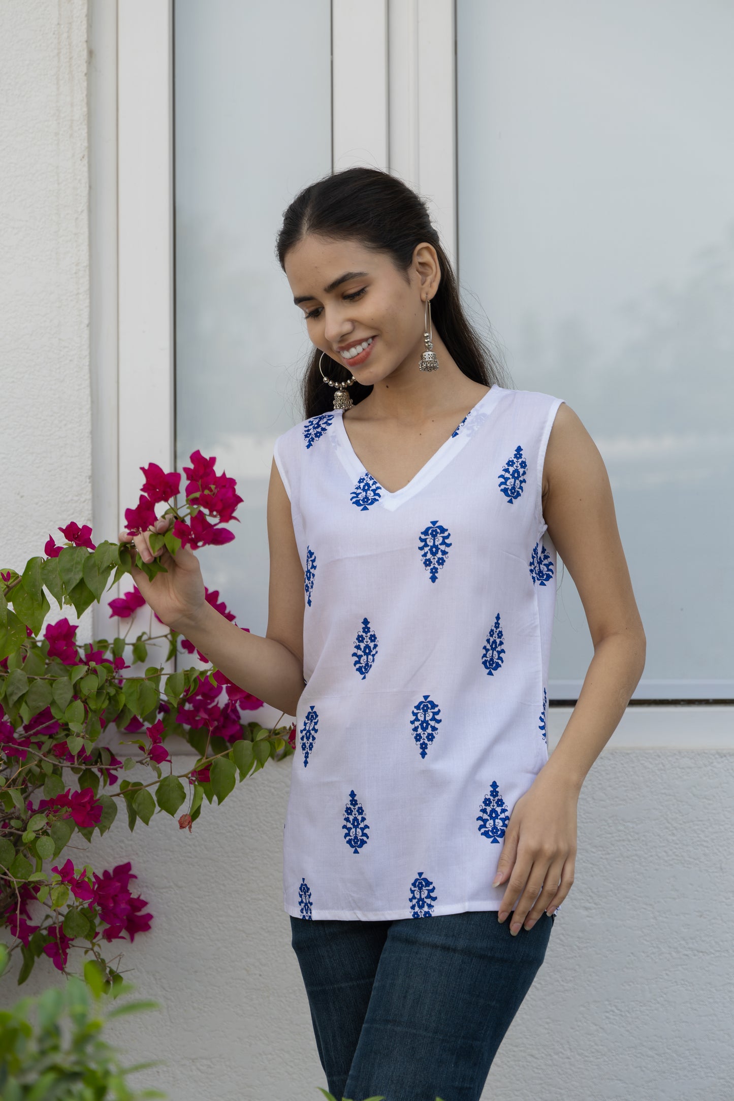 Blue Heritage Sleeveless Cotton Top