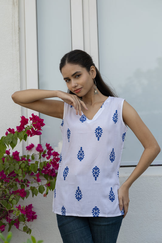 Blue Heritage Sleeveless Cotton Top