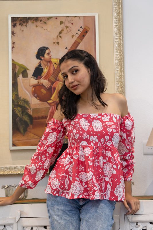 Scarlet Charm Off-Shoulder Cotton Top