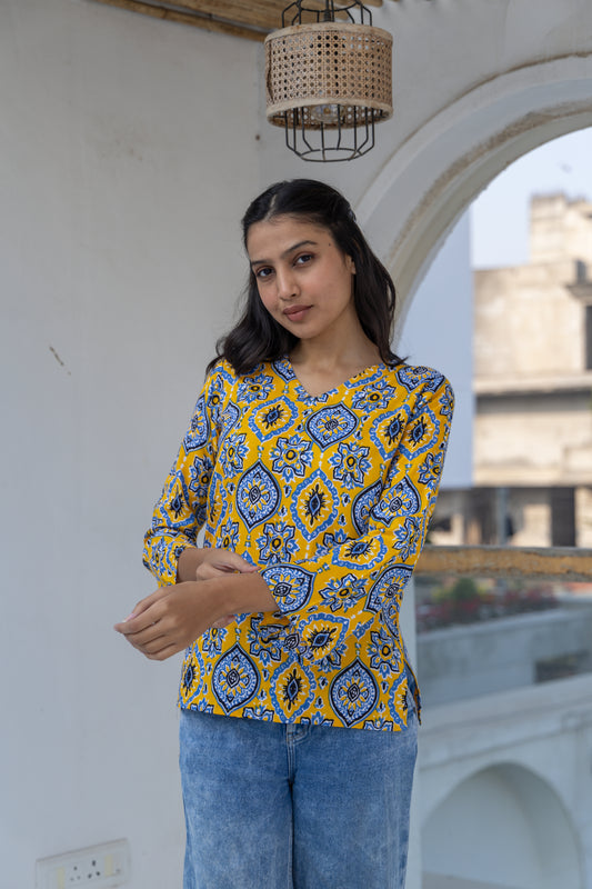 Marigold Sky Back Design Short Kurti (Yellow)