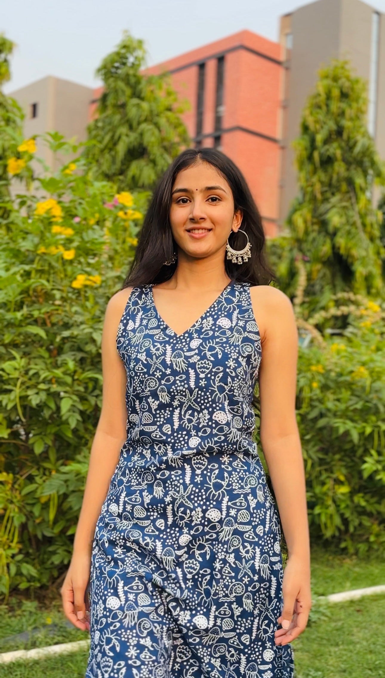 Indigo Leaf Whisper Straight Kurti (Navy Blue)