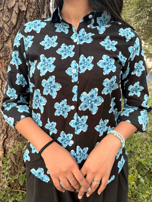 Eliza - Floral Fitted Shirt (Sky Blue)