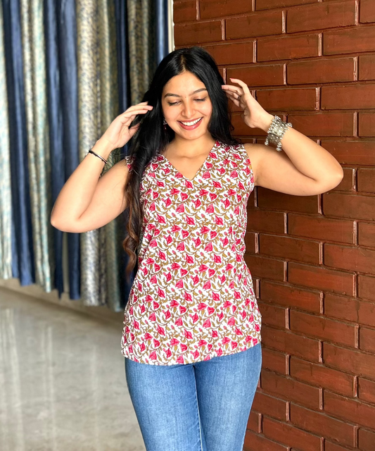 Crimson Petals Red V-Neck Sleeveless Top