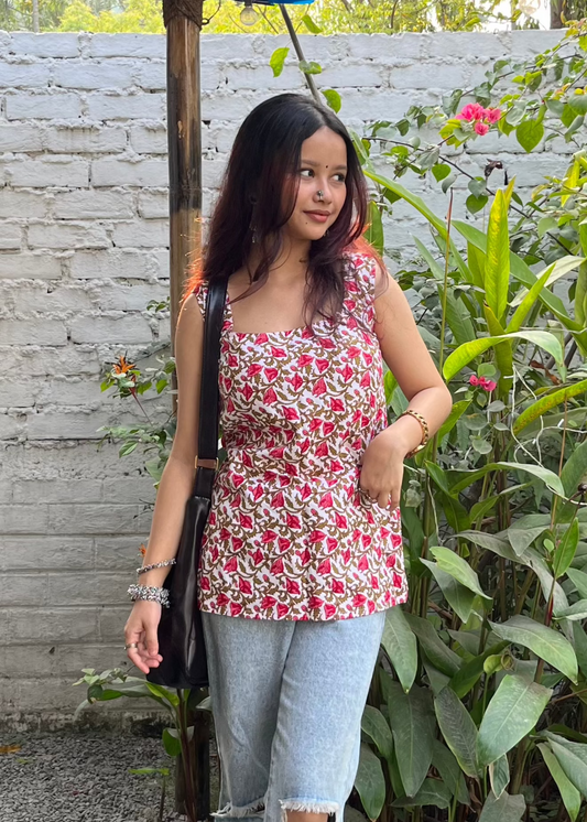 Crimson Petals Square Neck Sleeveless Top