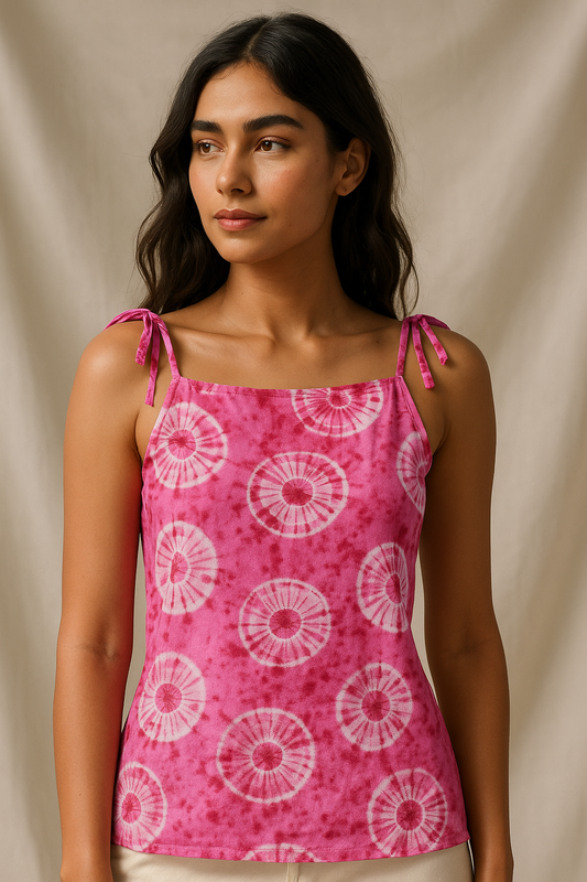 Aurelle – Pink Ombre Cotton Tie-Up Shoulder Top