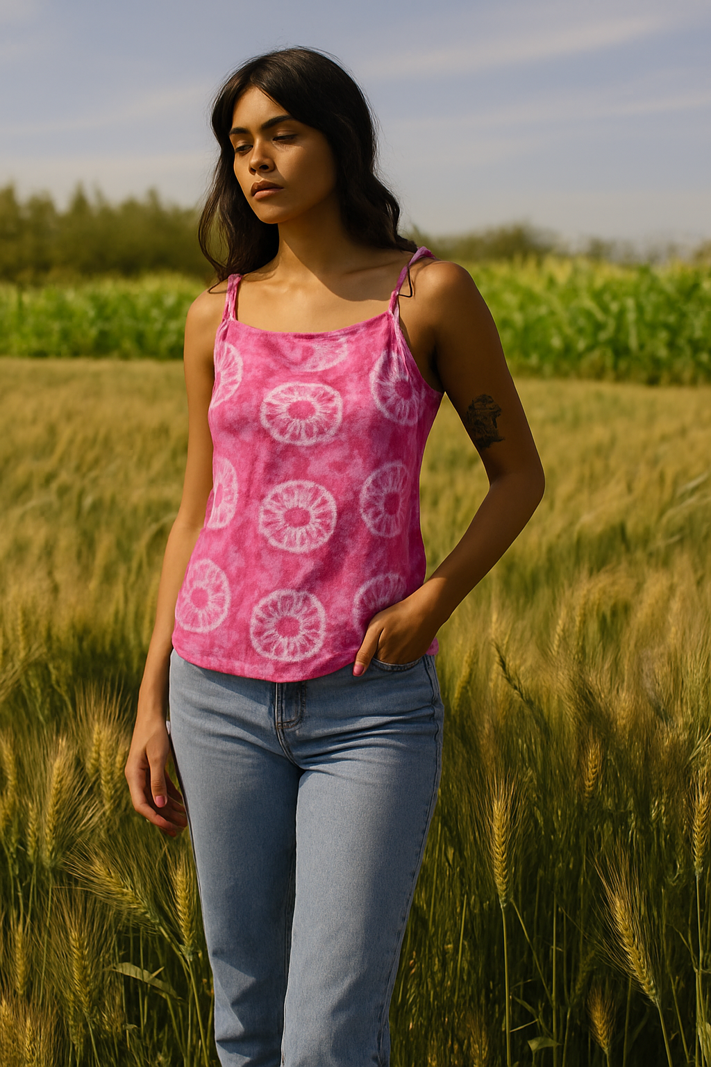 Aurelle – Pink Ombre Cotton Tie-Up Shoulder Top