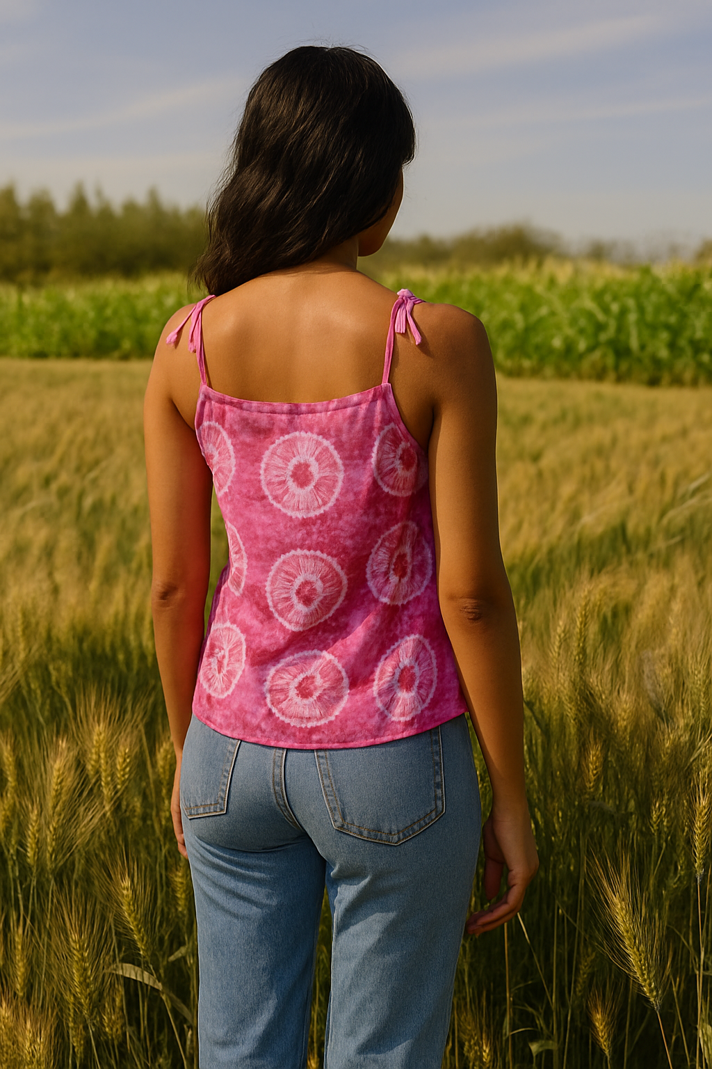 Aurelle – Pink Ombre Cotton Tie-Up Shoulder Top