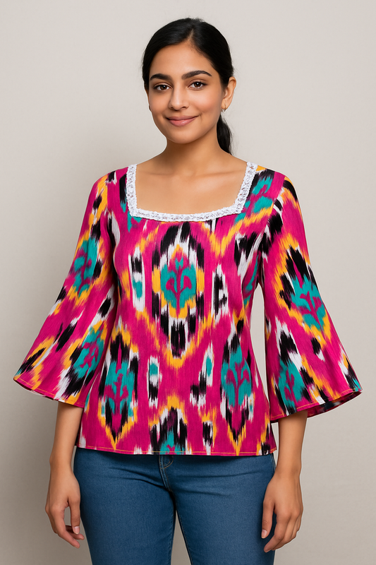 Islena – Pink Abstract Print Lace-Trim Cotton Top