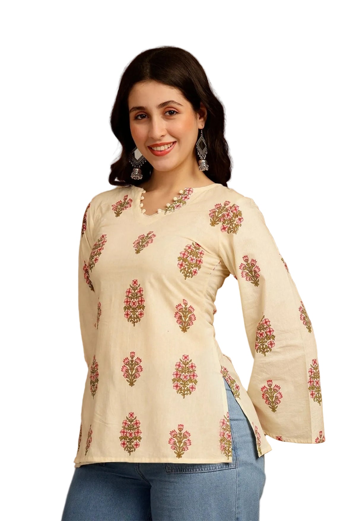 Floral Printed Corset Back Cotton Kurti (Beige)