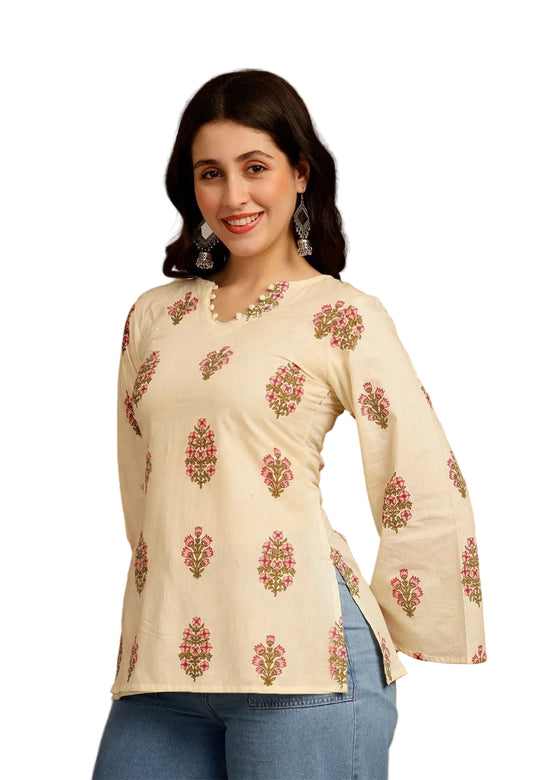 Floral Printed Corset Back Cotton Kurti (Beige)