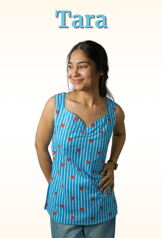 Tara – Heart Print Cotton Top (Blue)