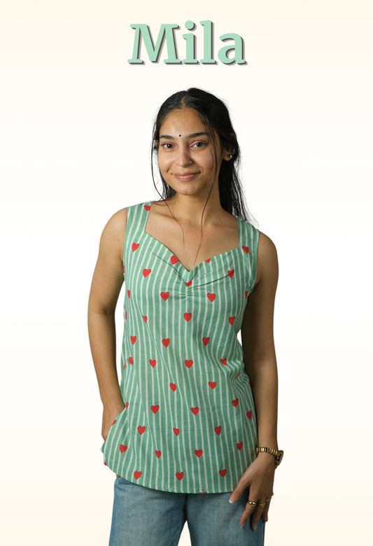 Mila – Heart Print Cotton Top (Green)