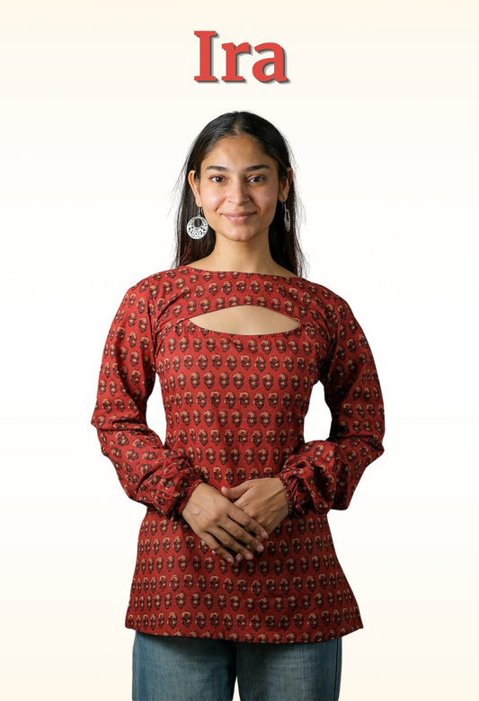 Ira – Convertible Printed Cotton Kurti Set (Rust Buti)
