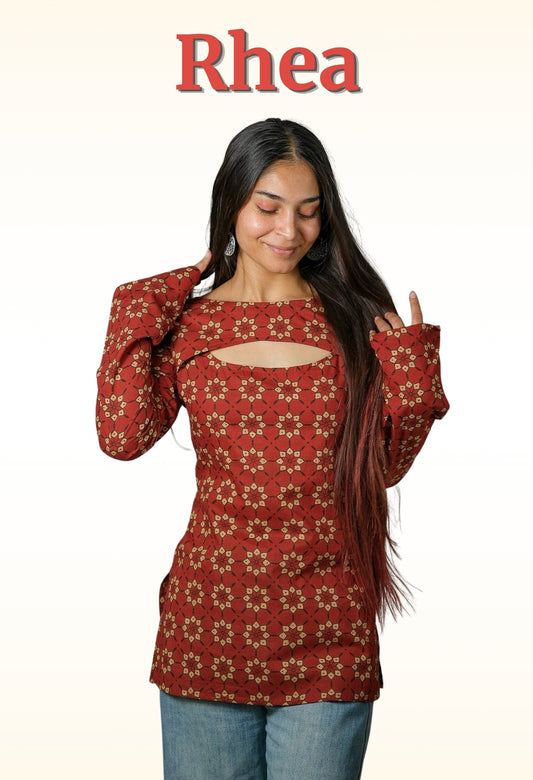 Rhea – Convertible Printed Cotton Kurti Set (Rust Buti)