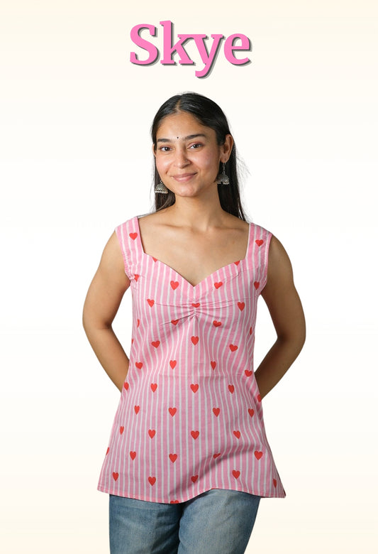 Skye – Heart Print Cotton Top (Pink)