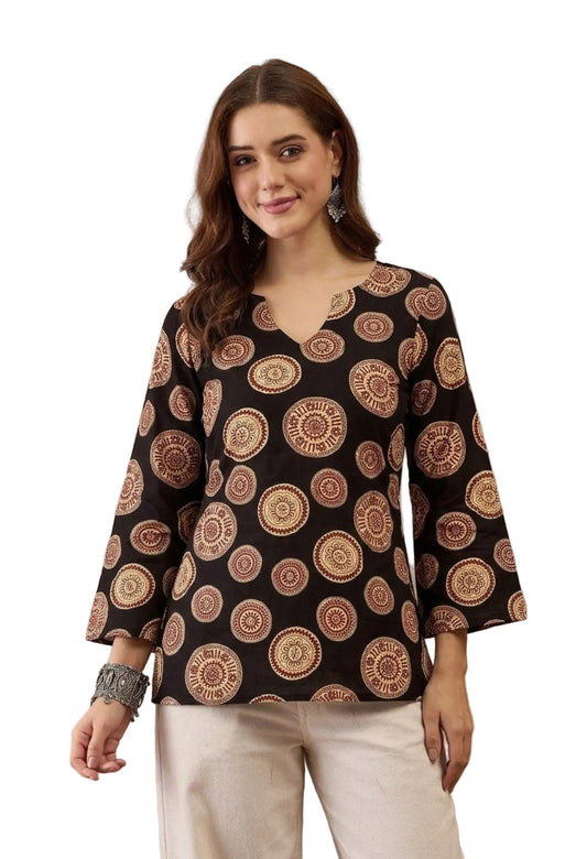 Motif Printed Corset Back Cotton Kurti (Black)