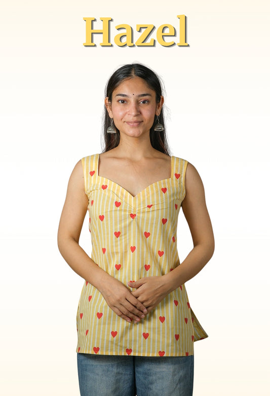 Hazel – Heart Print Cotton Top (Yellow)