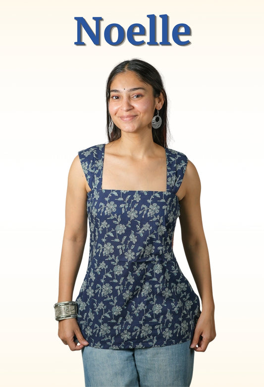 Noelle – Floral Printed Cotton Top (Navy)