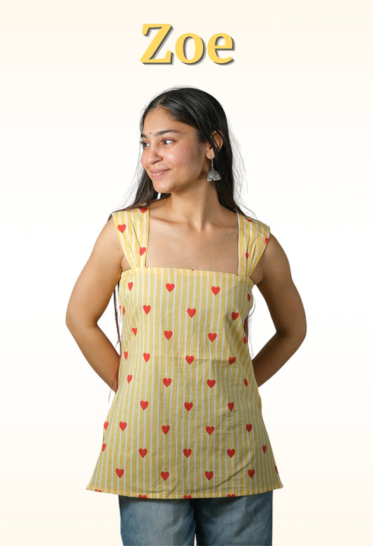 Zoe – Heart Print Cotton Top (Yellow)