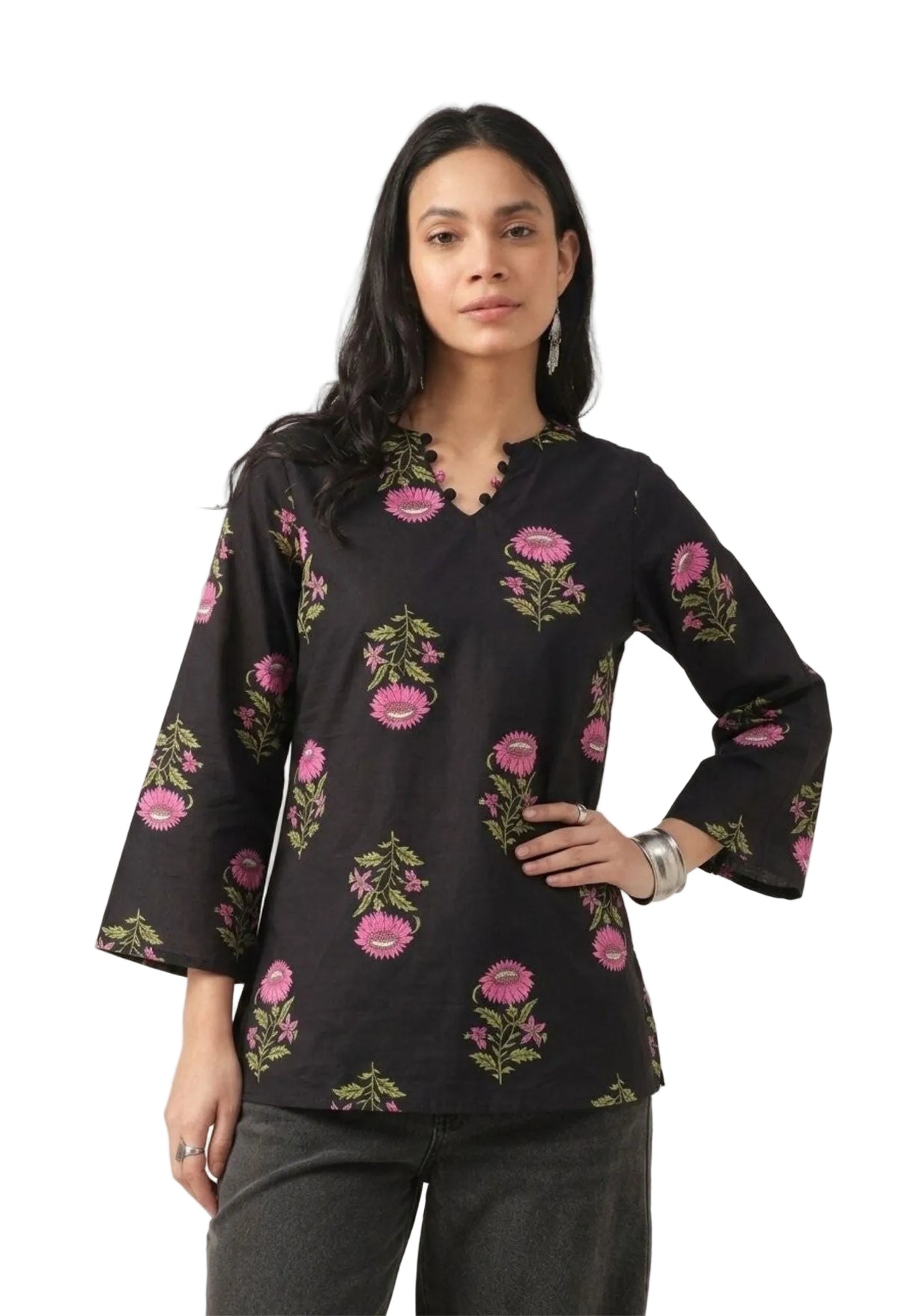 Floral Printed Corset Back Cotton Kurti (Black)