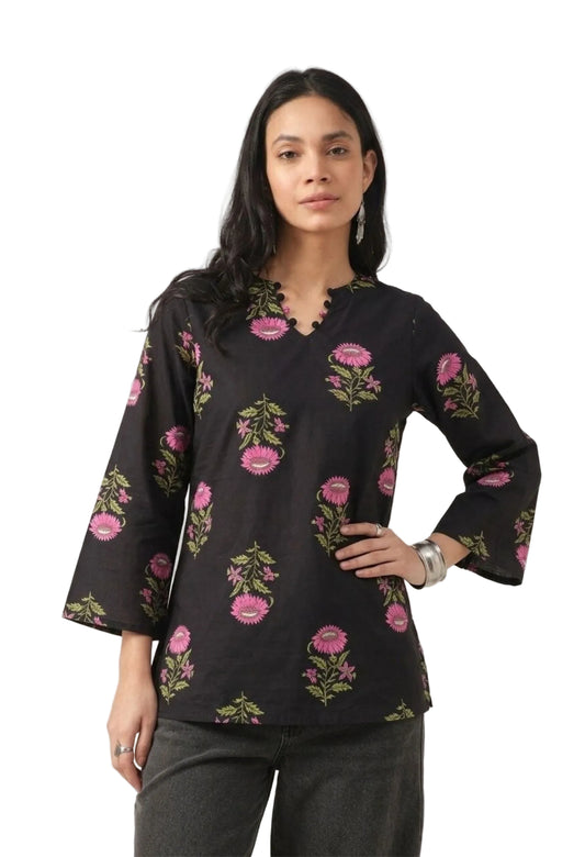 Floral Printed Corset Back Cotton Kurti (Black)