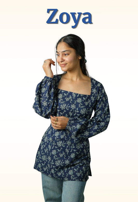 Zoya – Open Back Floral Kurti (Navy)