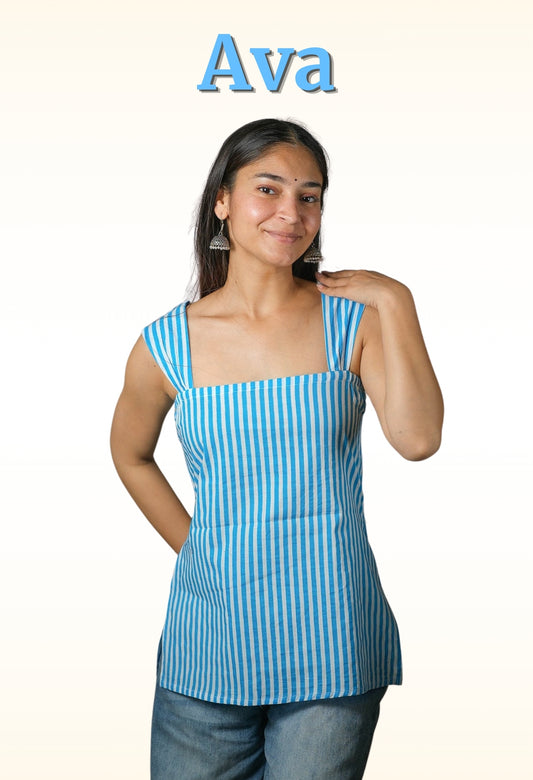 Ava – Striped Cotton Top (Sky Blue)