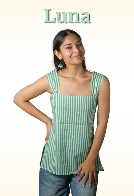 Luna – Striped Cotton Top (Pista Green)