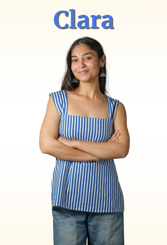 Clara – Striped Cotton Top (Blue)