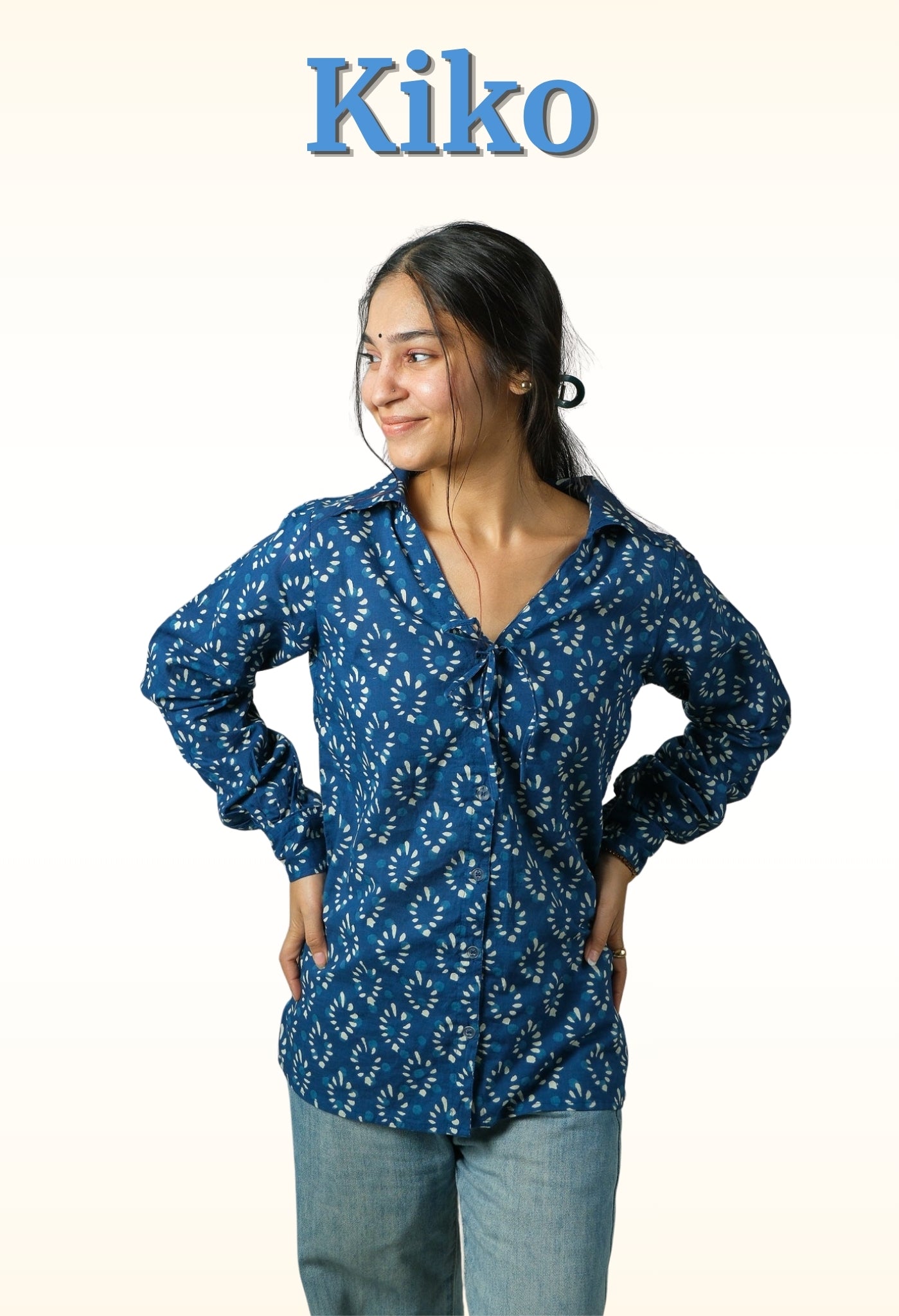 Kiko – Tie-Up Neck Cotton Shirt (Blue)