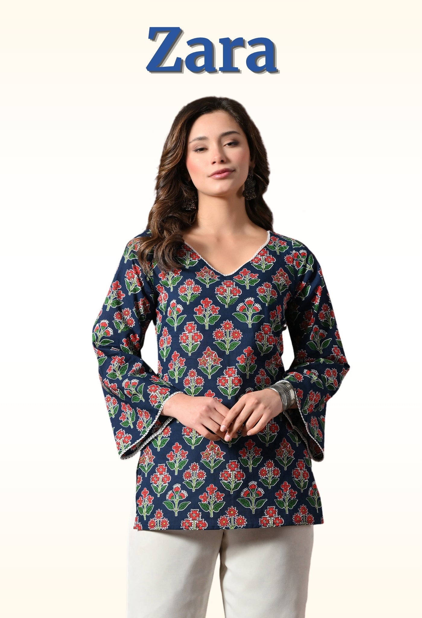 Zara - Navy Floral Short Kurta