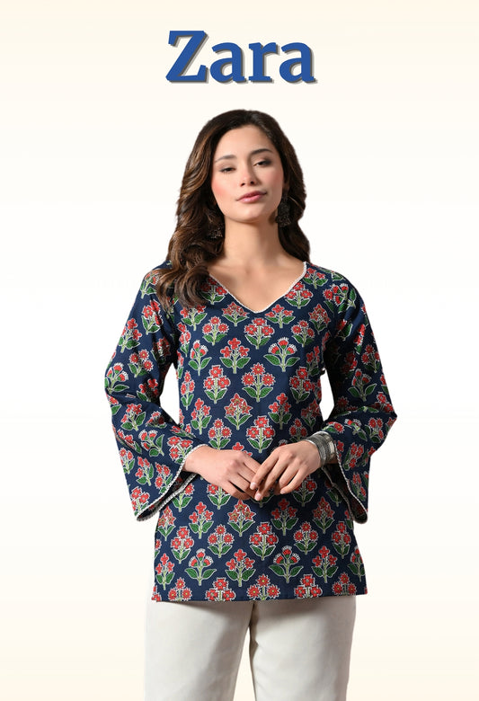 Zara - Navy Floral Short Kurta