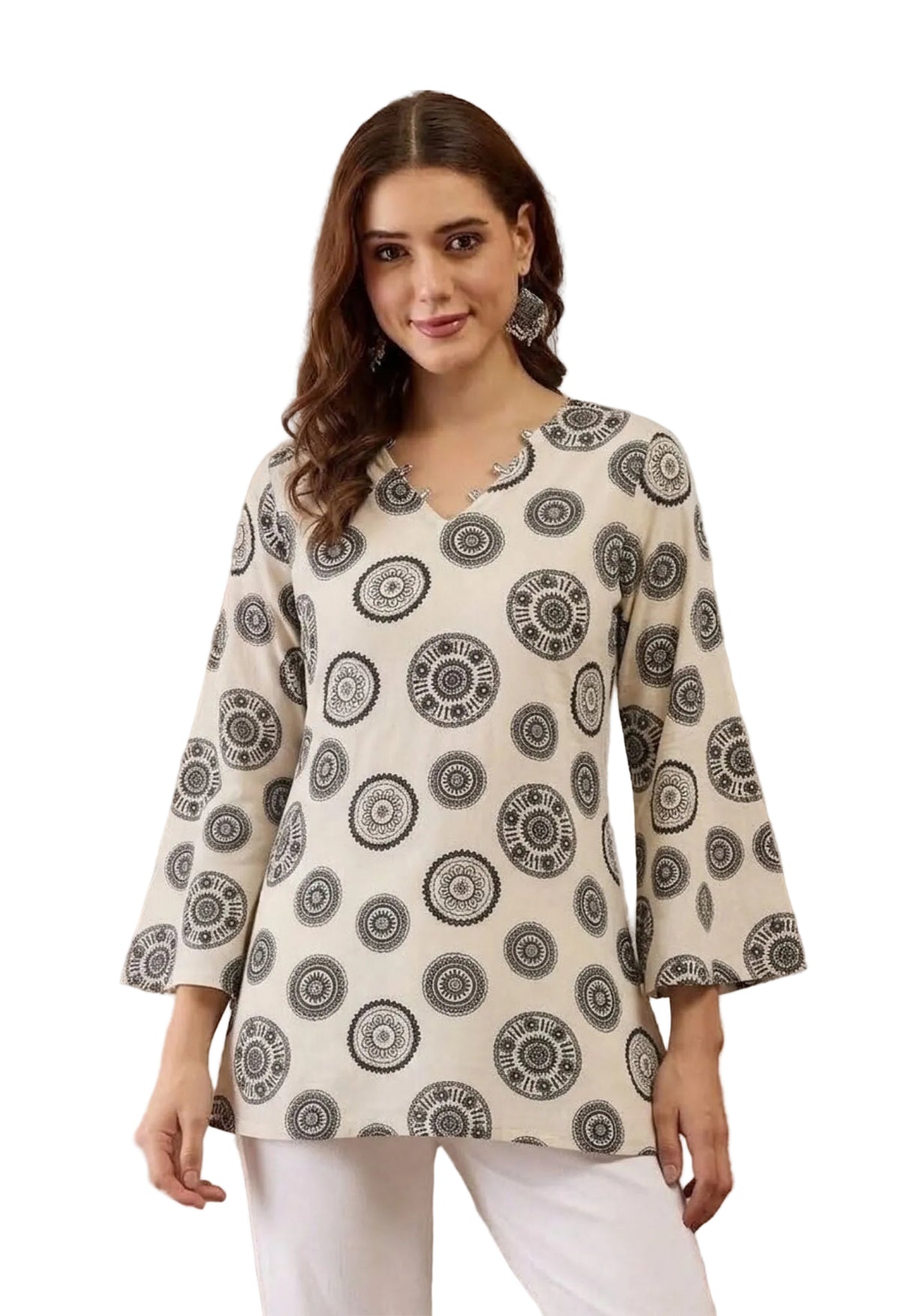 Motif Printed Corset Back Cotton Kurti (White)