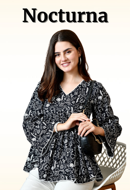 Nocturna – Midnight Black Cotton Peplum Top