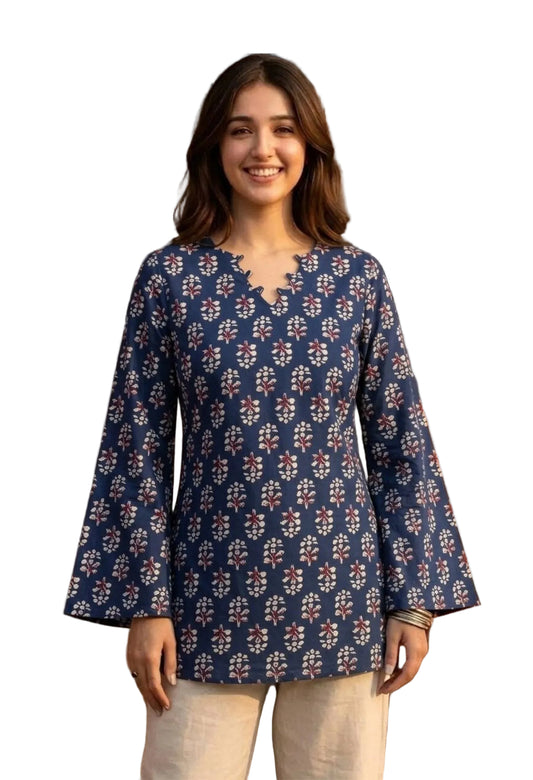 Floral Printed Corset Back Cotton Kurti (Blue)